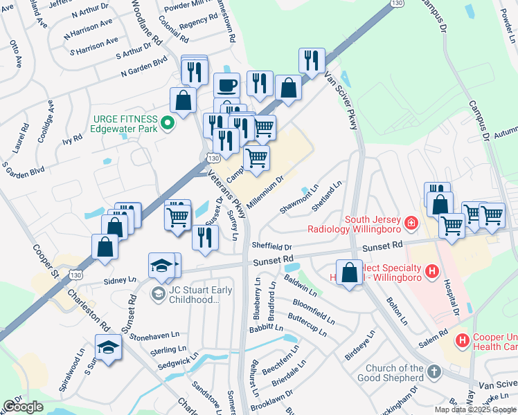 map of restaurants, bars, coffee shops, grocery stores, and more near 3204 Millenium Drive in Willingboro