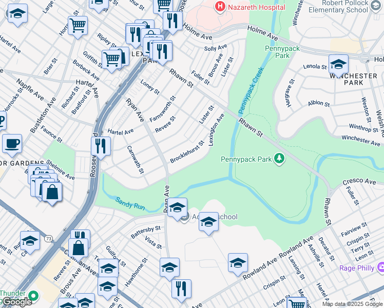 map of restaurants, bars, coffee shops, grocery stores, and more near 7823 Brocklehurst Street in Philadelphia