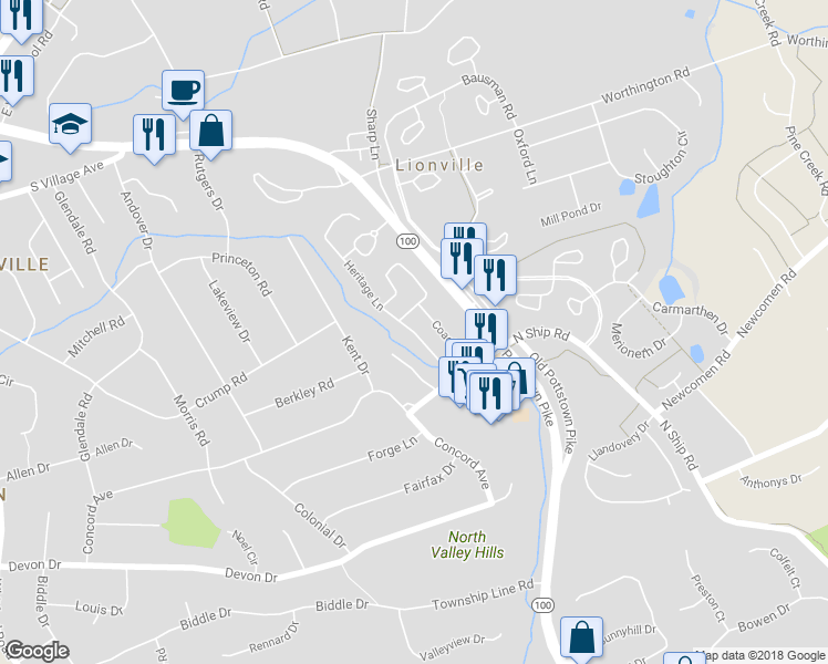 map of restaurants, bars, coffee shops, grocery stores, and more near 25 Heritage Lane in Exton