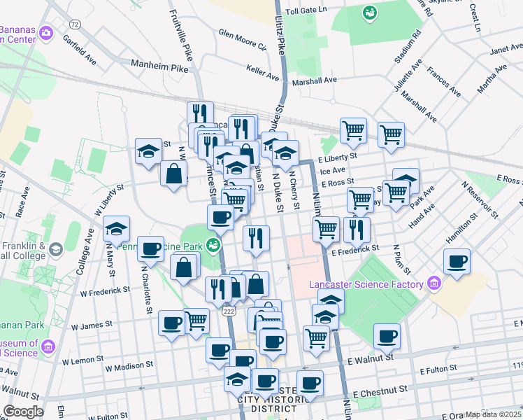 map of restaurants, bars, coffee shops, grocery stores, and more near 21 East Clay Street in Lancaster