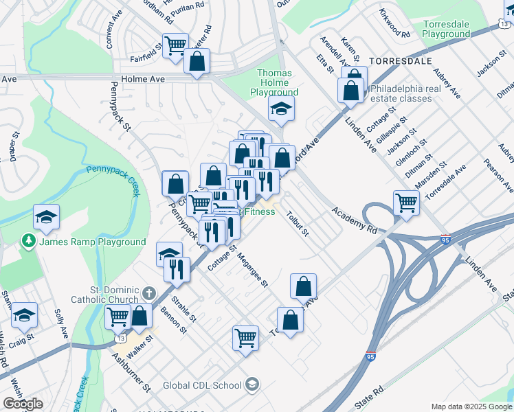 map of restaurants, bars, coffee shops, grocery stores, and more near 4002 Placid Street in Philadelphia