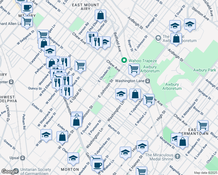 map of restaurants, bars, coffee shops, grocery stores, and more near 272 East Johnson Street in Philadelphia