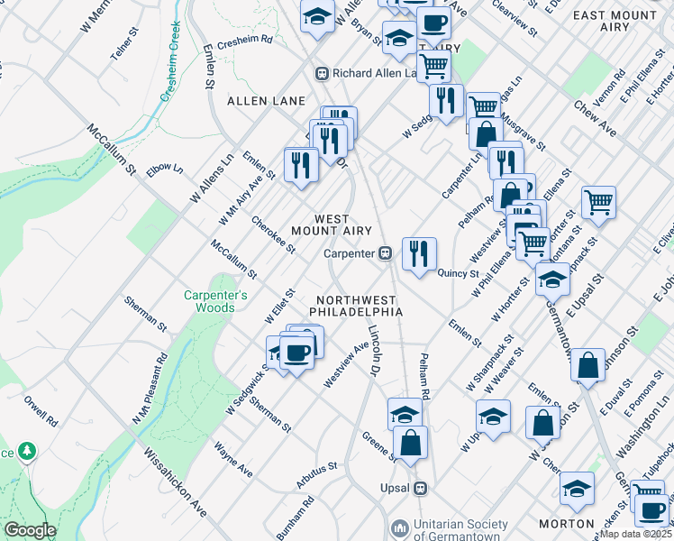 map of restaurants, bars, coffee shops, grocery stores, and more near 7001 Lincoln Dr in Philadelphia