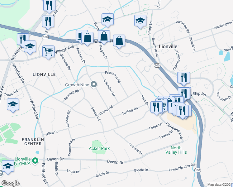 map of restaurants, bars, coffee shops, grocery stores, and more near 130 Lakeview Drive in Exton