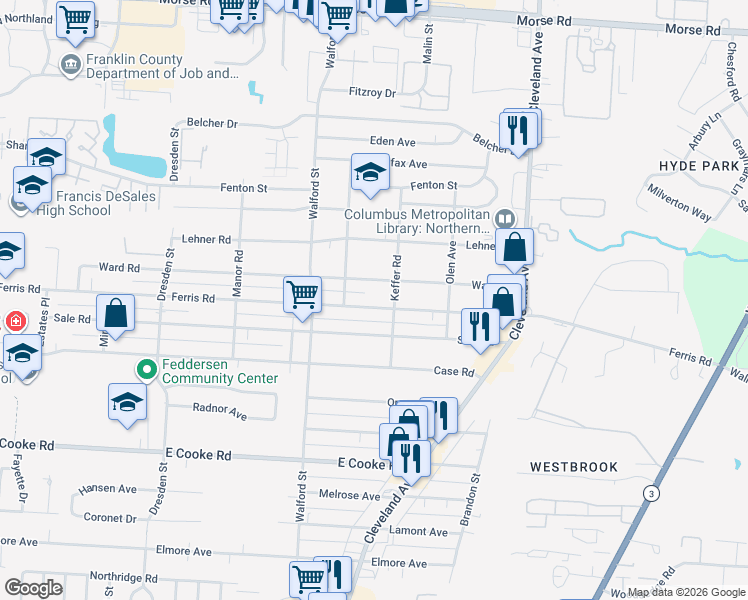 map of restaurants, bars, coffee shops, grocery stores, and more near 2085 Ferris Road in Columbus