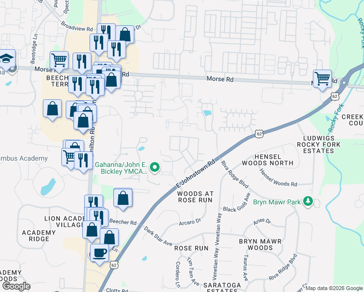 map of restaurants, bars, coffee shops, grocery stores, and more near 1220 Green Drive in Gahanna