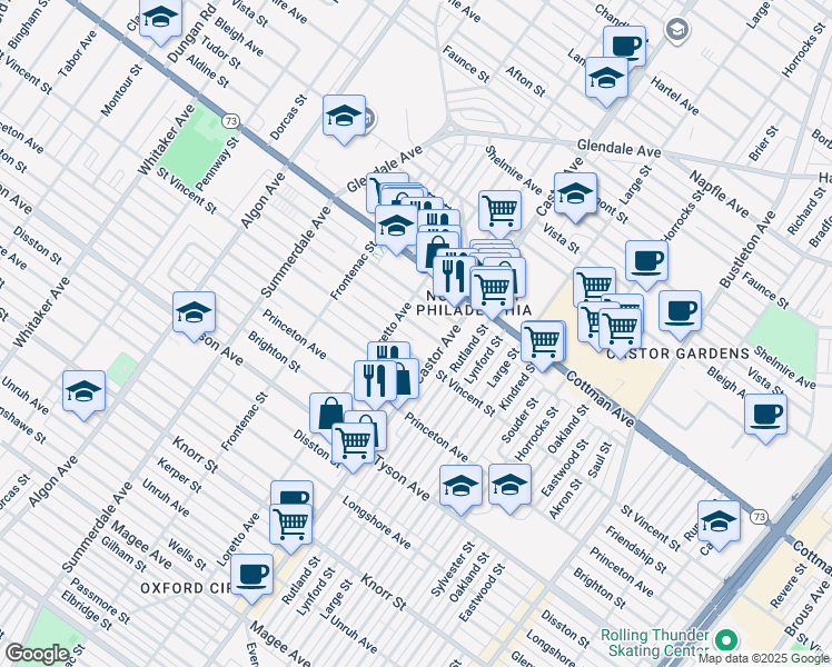 map of restaurants, bars, coffee shops, grocery stores, and more near 1416 Wellington Street in Philadelphia