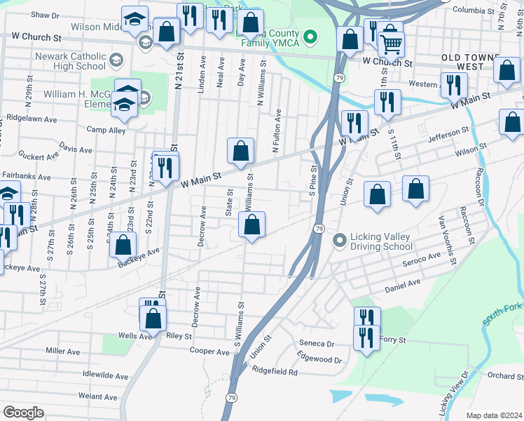 map of restaurants, bars, coffee shops, grocery stores, and more near 50 Cambria Street in Newark