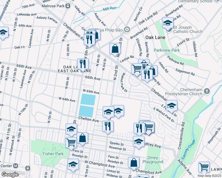 map of restaurants, bars, coffee shops, grocery stores, and more near 6514 North 2nd Street in Philadelphia