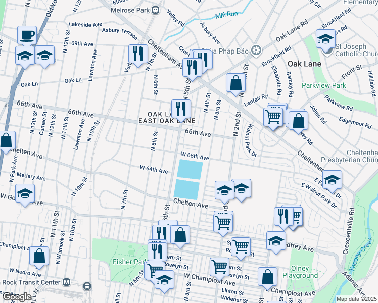 map of restaurants, bars, coffee shops, grocery stores, and more near 427 West 65th Avenue in Philadelphia
