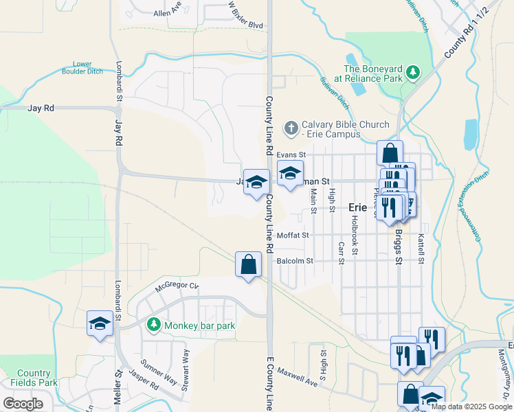 map of restaurants, bars, coffee shops, grocery stores, and more near 4137 East County Line Road in Erie