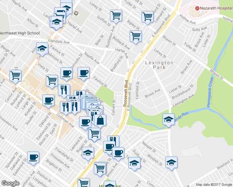 map of restaurants, bars, coffee shops, grocery stores, and more near 2530 Faunce Street in Philadelphia