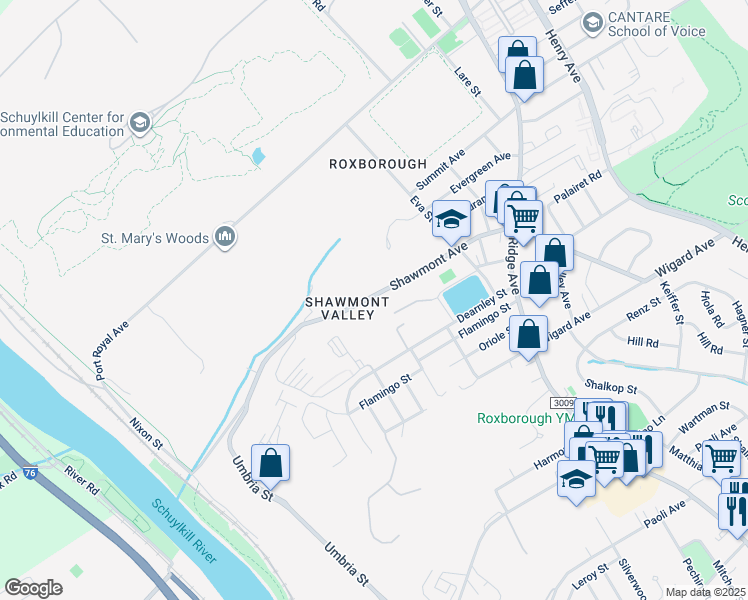 map of restaurants, bars, coffee shops, grocery stores, and more near 427 Shawmont Avenue in Philadelphia