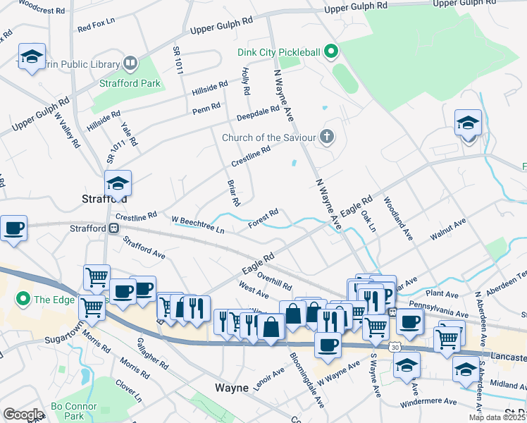 map of restaurants, bars, coffee shops, grocery stores, and more near 15 Forest Road in Wayne