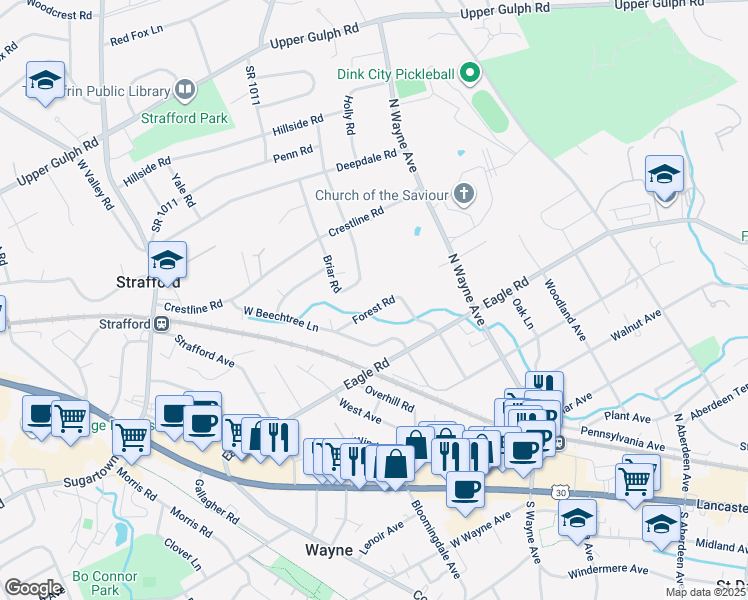 map of restaurants, bars, coffee shops, grocery stores, and more near 15 Forest Road in Wayne