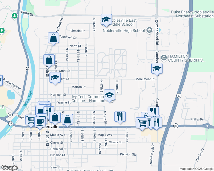 map of restaurants, bars, coffee shops, grocery stores, and more near 454 North 17th Street in Noblesville