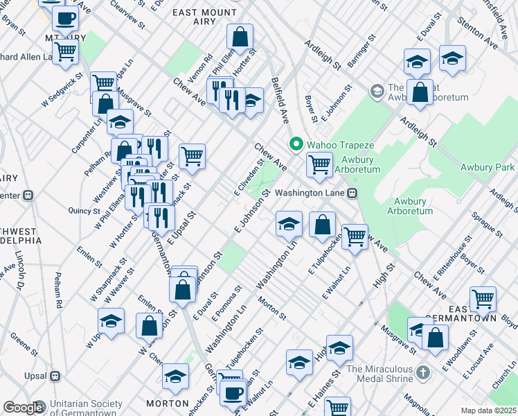 map of restaurants, bars, coffee shops, grocery stores, and more near 272 East Johnson Street in Philadelphia