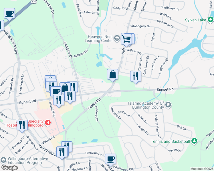 map of restaurants, bars, coffee shops, grocery stores, and more near 1814 Salem Road in Burlington