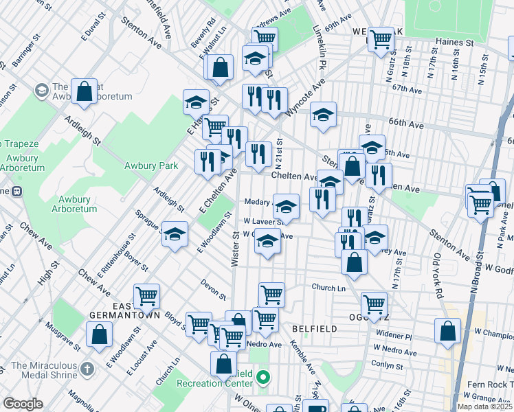 map of restaurants, bars, coffee shops, grocery stores, and more near 2134 Medary Avenue in Philadelphia