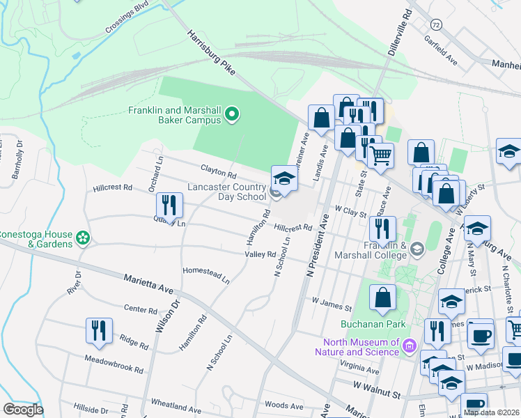 map of restaurants, bars, coffee shops, grocery stores, and more near 1215 Hillcrest Road in Lancaster