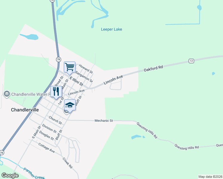 map of restaurants, bars, coffee shops, grocery stores, and more near 12 Hillview Dr in Chandlerville