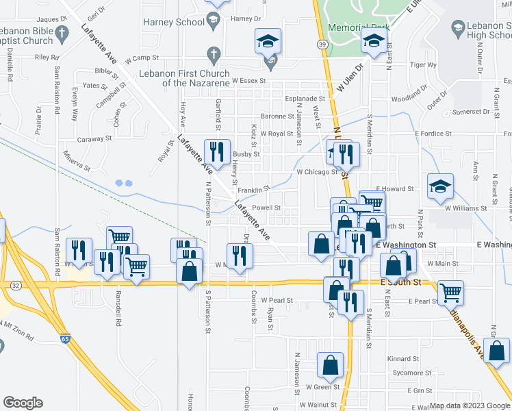 map of restaurants, bars, coffee shops, grocery stores, and more near 724 Powell Street in Lebanon