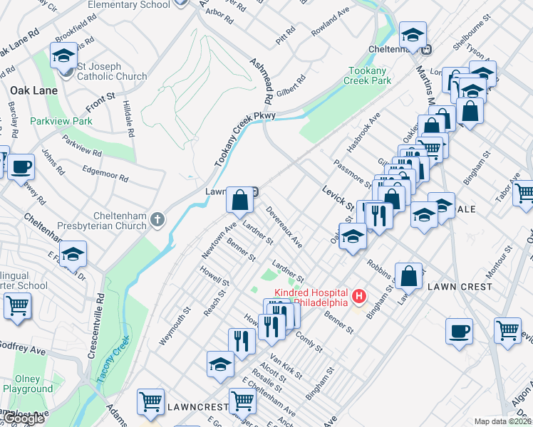 map of restaurants, bars, coffee shops, grocery stores, and more near 6158 Reach Street in Philadelphia