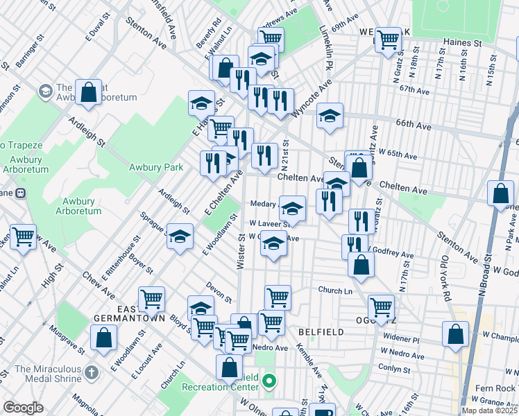 map of restaurants, bars, coffee shops, grocery stores, and more near 2142 Medary Avenue in Philadelphia