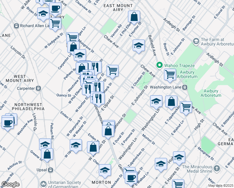 map of restaurants, bars, coffee shops, grocery stores, and more near 208 East Upsal Street in Philadelphia