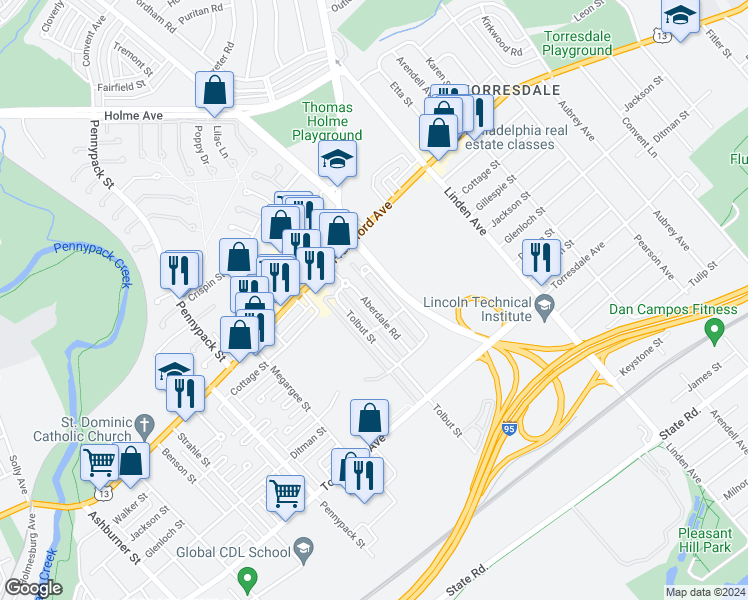 map of restaurants, bars, coffee shops, grocery stores, and more near 4431 Aberdale Road in Philadelphia