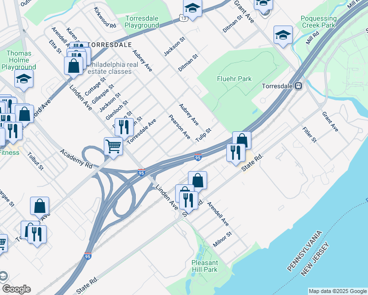 map of restaurants, bars, coffee shops, grocery stores, and more near 9332 Tulip Street in Philadelphia