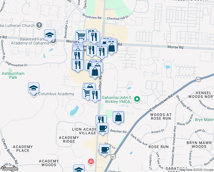 map of restaurants, bars, coffee shops, grocery stores, and more near 4574 North Hamilton Road in Columbus