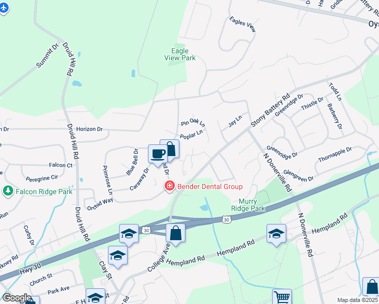 map of restaurants, bars, coffee shops, grocery stores, and more near 10 Dogwood Lane in Mountville