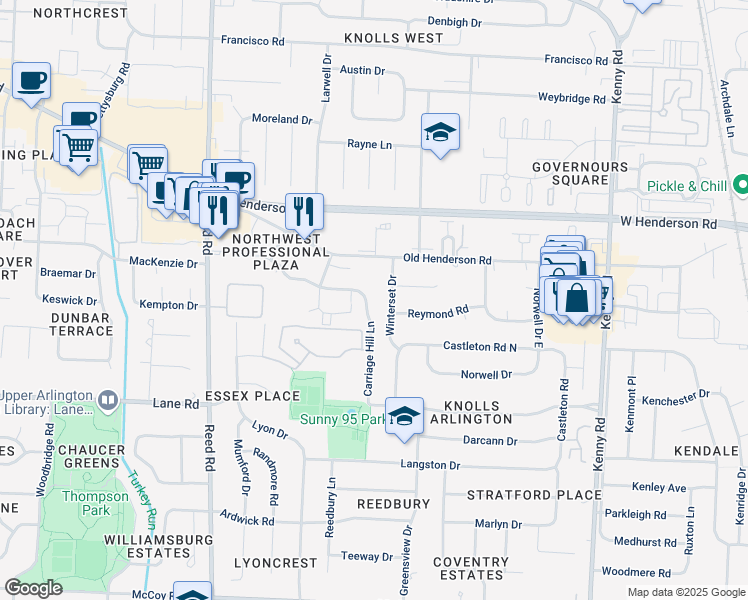 map of restaurants, bars, coffee shops, grocery stores, and more near 4519 Winterset Drive in Columbus
