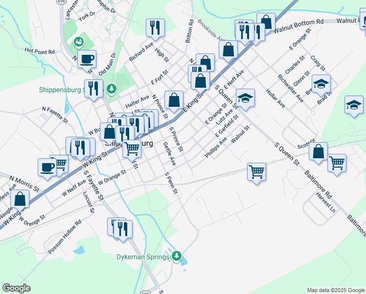 map of restaurants, bars, coffee shops, grocery stores, and more near 200 East Orange Street in Shippensburg