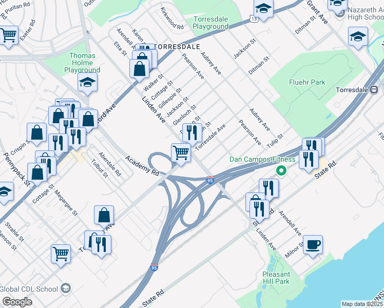 map of restaurants, bars, coffee shops, grocery stores, and more near in Philadelphia