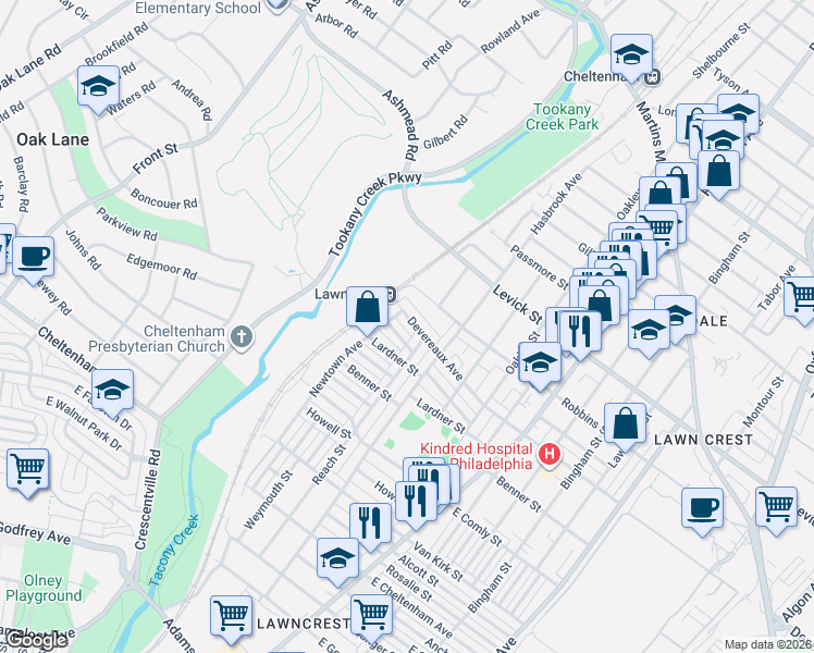 map of restaurants, bars, coffee shops, grocery stores, and more near 6158 Reach Street in Philadelphia