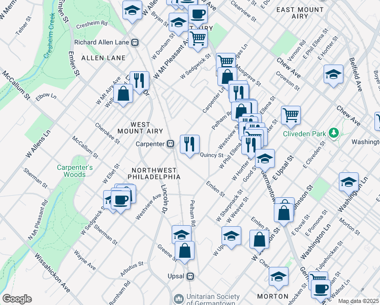 map of restaurants, bars, coffee shops, grocery stores, and more near 6815 Emlen Street in Philadelphia
