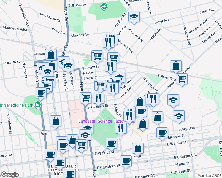 map of restaurants, bars, coffee shops, grocery stores, and more near 701 North Plum Street in Lancaster