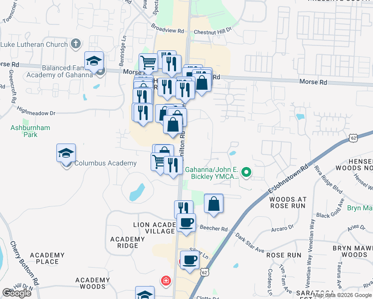 map of restaurants, bars, coffee shops, grocery stores, and more near 4574 North Hamilton Road in Columbus