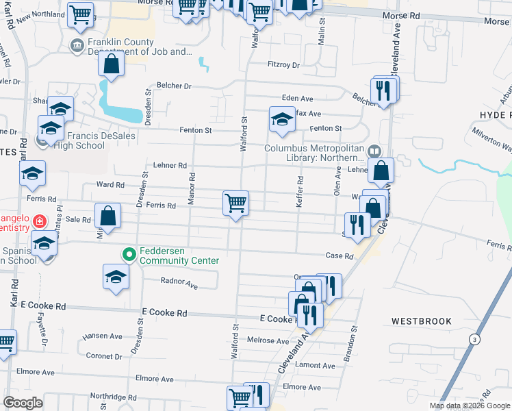map of restaurants, bars, coffee shops, grocery stores, and more near 2037 Ferris Road in Columbus