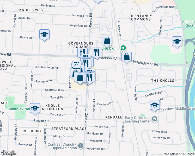 map of restaurants, bars, coffee shops, grocery stores, and more near 1040 Folkestone Road in Columbus