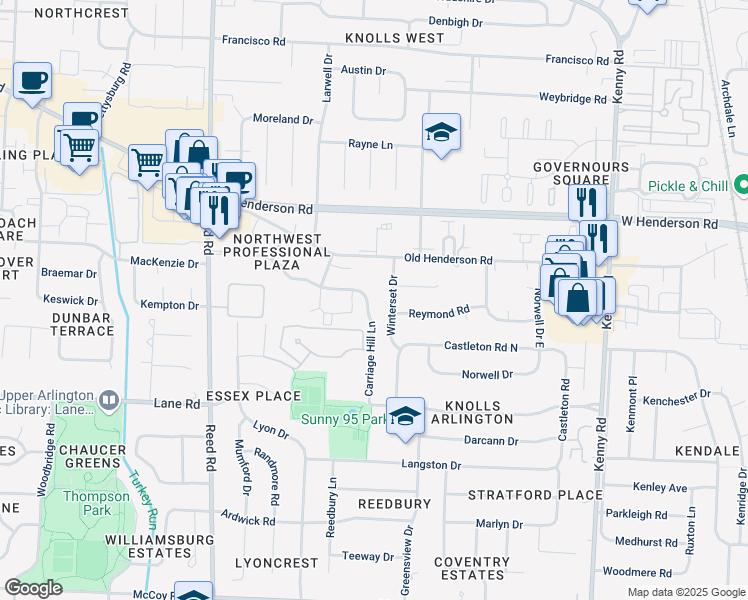 map of restaurants, bars, coffee shops, grocery stores, and more near 4519 Winterset Drive in Columbus