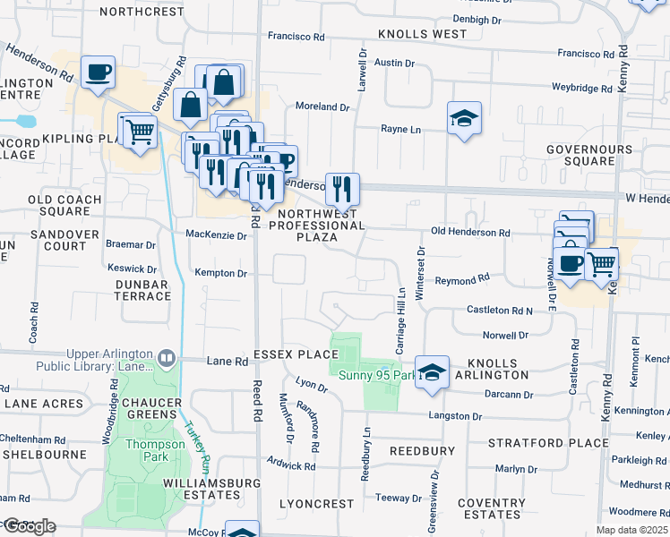 map of restaurants, bars, coffee shops, grocery stores, and more near 4531 Sandringham Drive in Upper Arlington