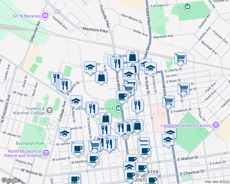 map of restaurants, bars, coffee shops, grocery stores, and more near 820 North Prince Street in Lancaster