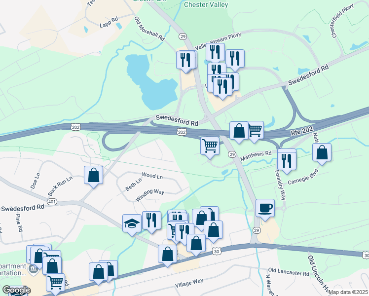 map of restaurants, bars, coffee shops, grocery stores, and more near 301 Lindenwood Drive in Malvern