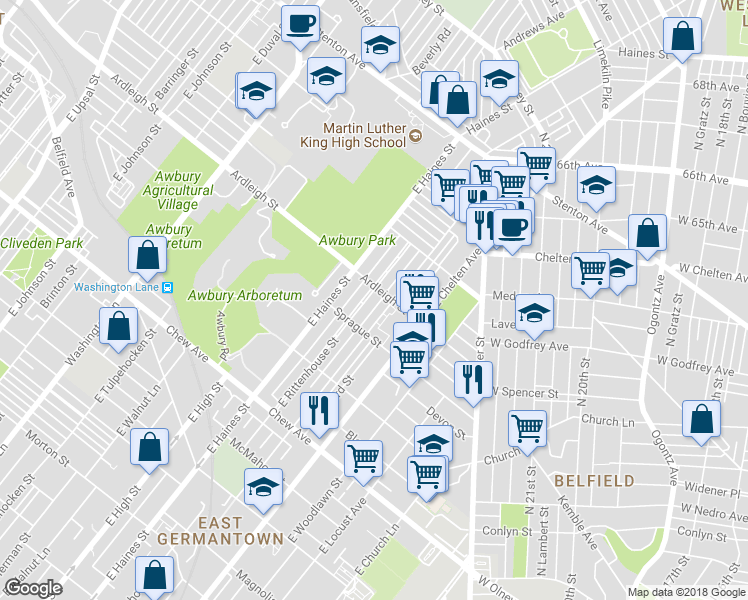 map of restaurants, bars, coffee shops, grocery stores, and more near 1026 East Rittenhouse Street in Philadelphia