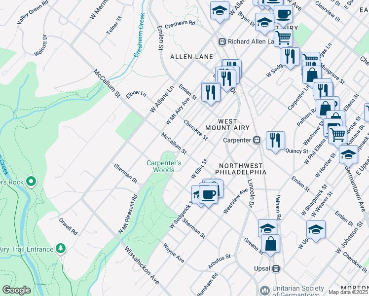 map of restaurants, bars, coffee shops, grocery stores, and more near 7057 McCallum Street in Philadelphia