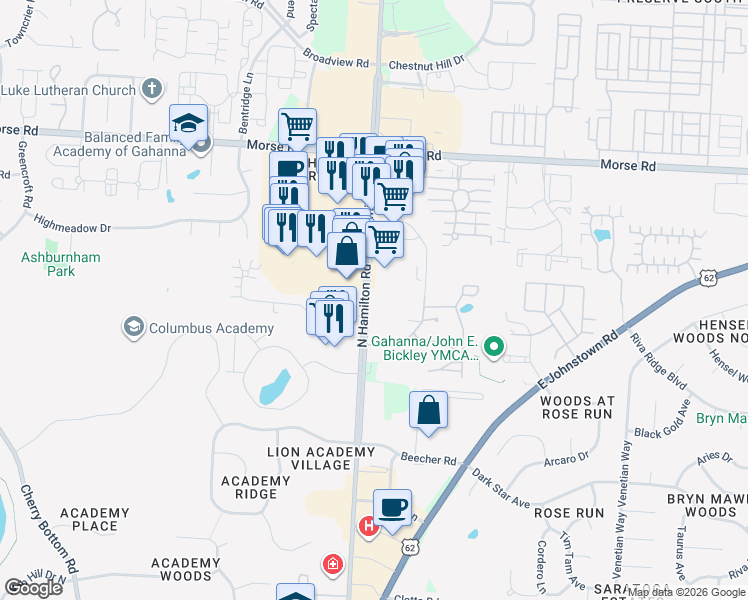 map of restaurants, bars, coffee shops, grocery stores, and more near 4574 North Hamilton Road in Columbus