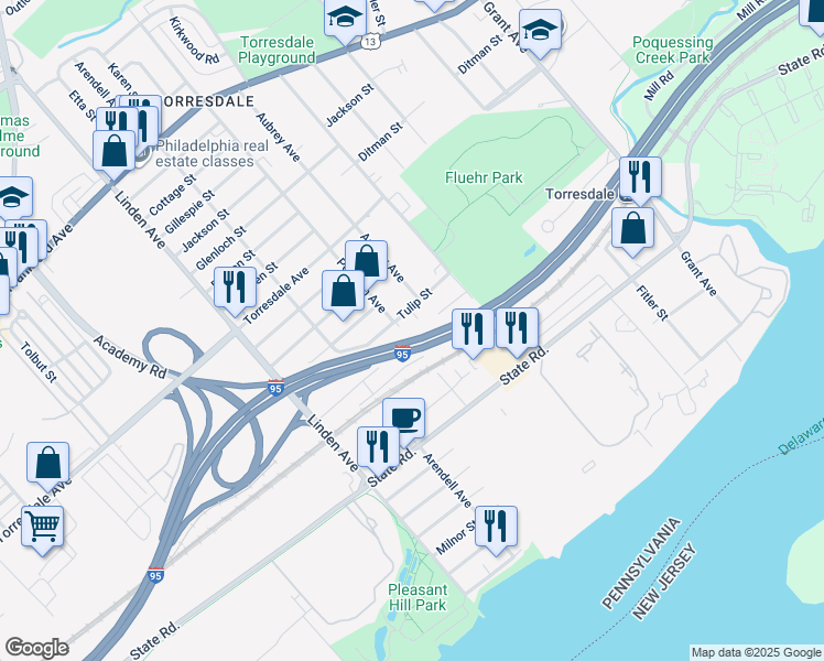 map of restaurants, bars, coffee shops, grocery stores, and more near 4909 Pearson Avenue in Philadelphia
